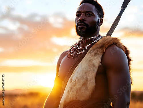 A valiant Zulu warrior, adorned with traditional attire and standing proudly on a savannah, ready to defend his territory as the sun sets in the distance. Zulu warrior on the savannah.


 photo