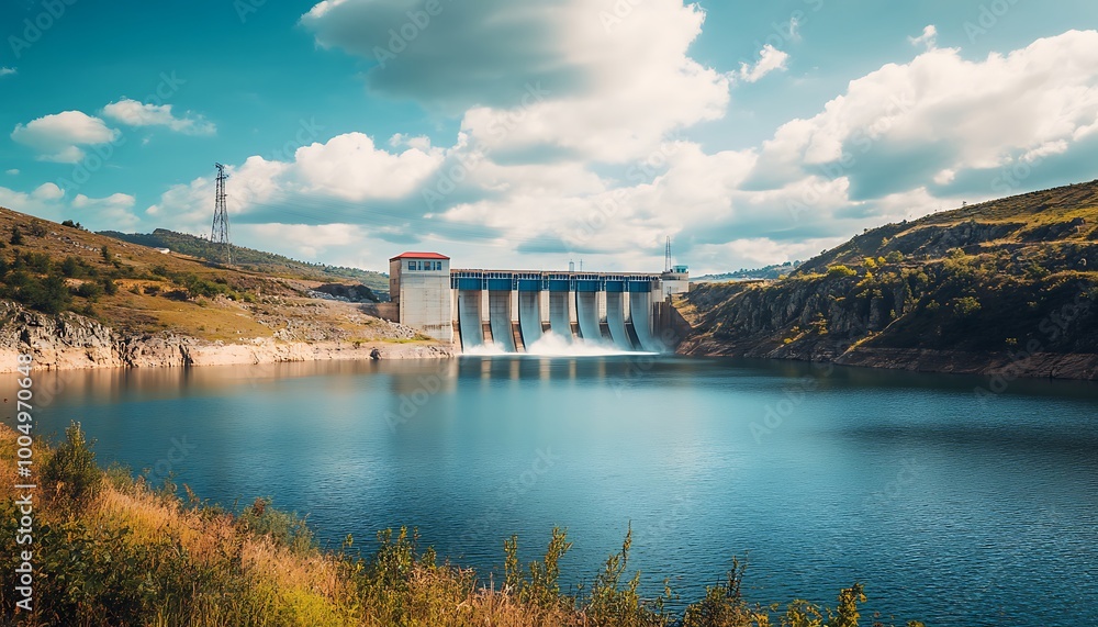Obraz premium Dam Overlooking a Serene Lake with Fluffy Clouds
