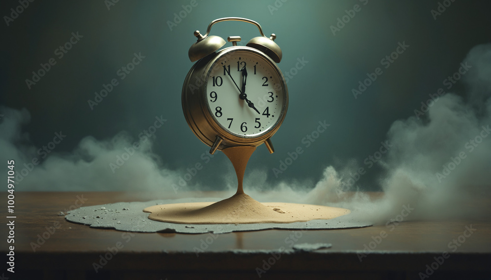 Melting clock with sand flowing beneath in a surreal setting symbolizing running out of time Melting clock with sand flowing beneath in a surreal setting symbolizing running out of time