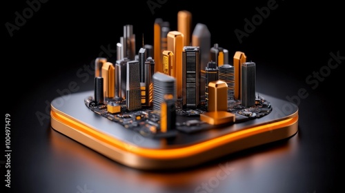 Metallic Metropolis: A futuristic cityscape miniature, meticulously crafted with metallic textures and warm orange accents, rests on a sleek dark base.