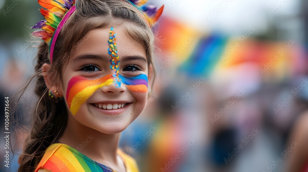 Back-to-school celebration at a pride festival, child with tribal rainbow face paint smiling, flags waving, vibrant atmosphere, inclusive energy Back-to-school celebration at a pride festival, child with tribal rainbow face paint smiling, flags waving, vibrant atmosphere, inclusive energy