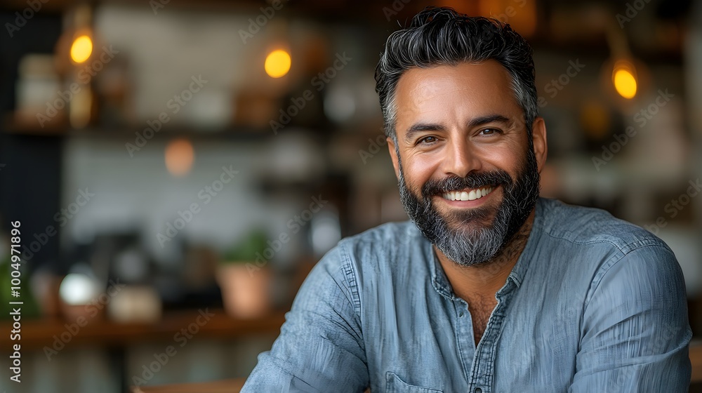 Bearded gay man with a genuine smile, candid shot in a cozy cafe, warm lighting, relaxed and friendly atmosphere, open and approachable expression Bearded gay man with a genuine smile, candid shot in a cozy cafe, warm lighting, relaxed and friendly atmosphere, open and approachable expression