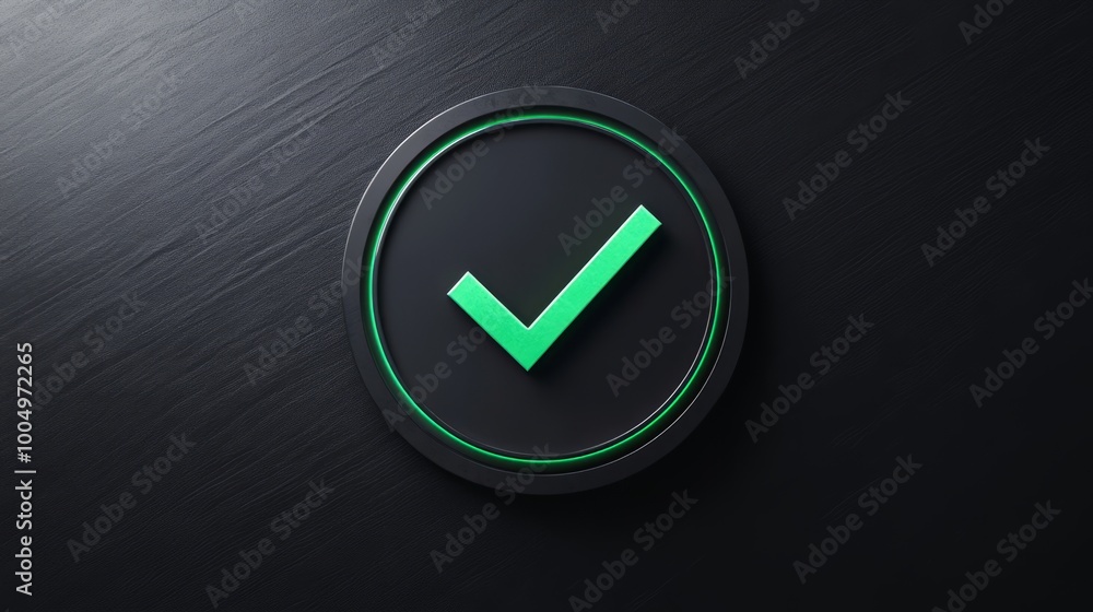 Round check mark or done mark surrounded by a circular border on a dark background, top view with space for text or lettering Round check mark or done mark surrounded by a circular border on a dark background, top view with space for text or lettering