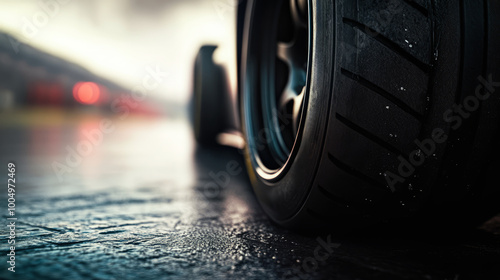 Close-up of a racing car wheel on a track with space for text or lettering