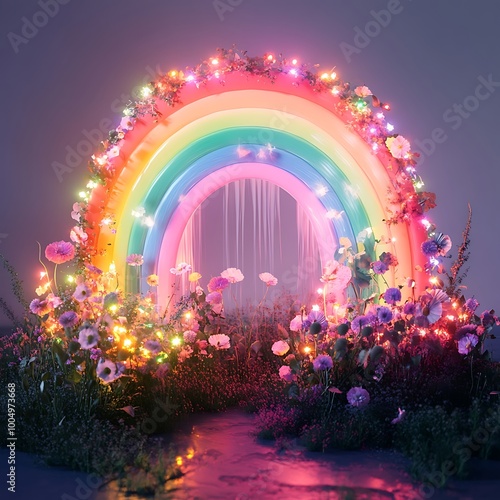 Captivating rainbow scene enhanced by lights and vibrant flowers photos