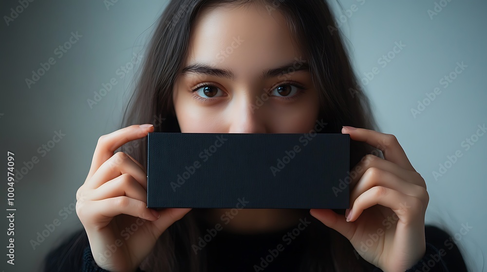 Young woman covering her mouth with smartphone, digital privacy concept Young woman covering her mouth with smartphone, digital privacy concept