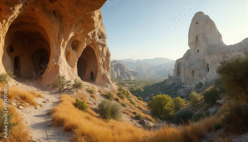 A landscape view of the Gerome National Park in Cappadocia Turkey during a sunny day