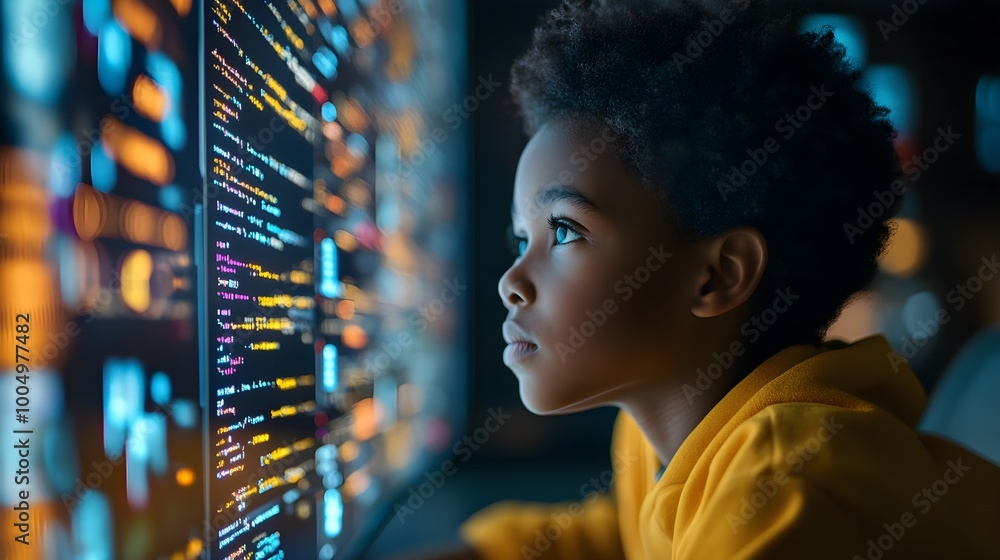 African school pupil at a computer, side profile, studying cybersecurity coding, AI, and online threats in a modern IT classroom, future digital security specialist African school pupil at a computer, side profile, studying cybersecurity coding, AI, and online threats in a modern IT classroom, future digital security specialist