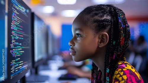 African school child at a computer, learning cybersecurity and coding, side profile in a tech-focused classroom, AI and cyberspace education, future innovator
