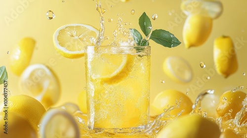 A refreshing glass of lemonade garnished with a slice of lemon and sprigs of fresh mint