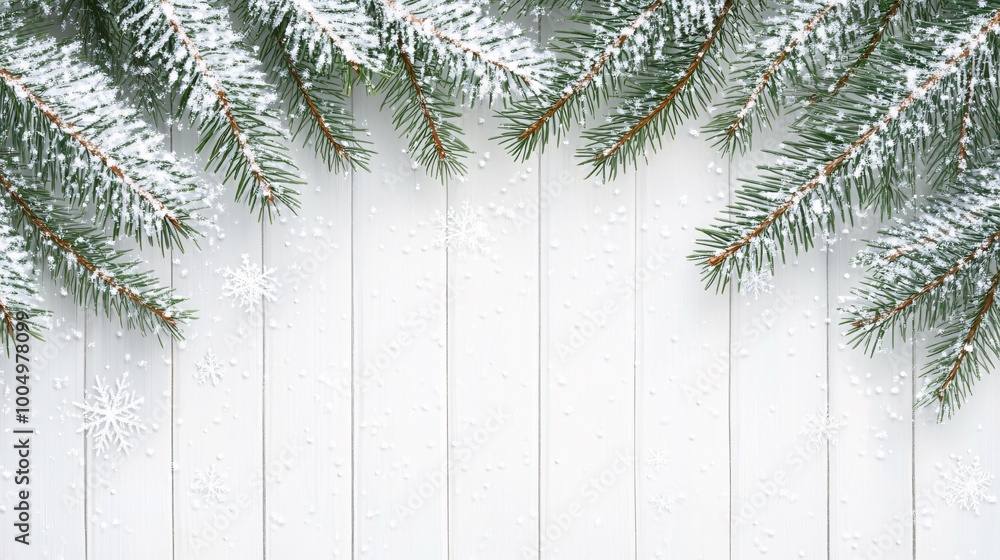 Snowy Pine Branches on White Wooden Background Snowy Pine Branches on White Wooden Background