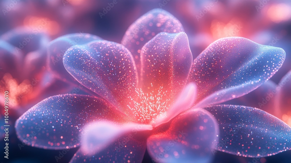 Glowing pink flower with dewdrops in close Glowing pink flower with dewdrops in close