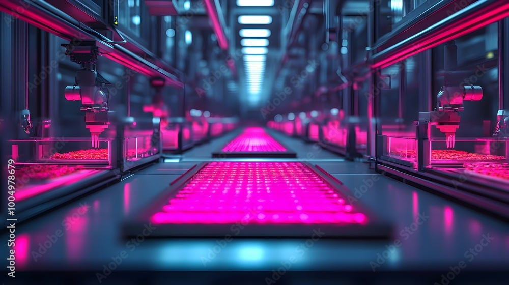 Sleek robotic systems, using AI algorithms for real-time quality control on high-speed automated food production lines in a neon-lit futuristic factory Sleek robotic systems, using AI algorithms for real-time quality control on high-speed automated food production lines in a neon-lit futuristic factory