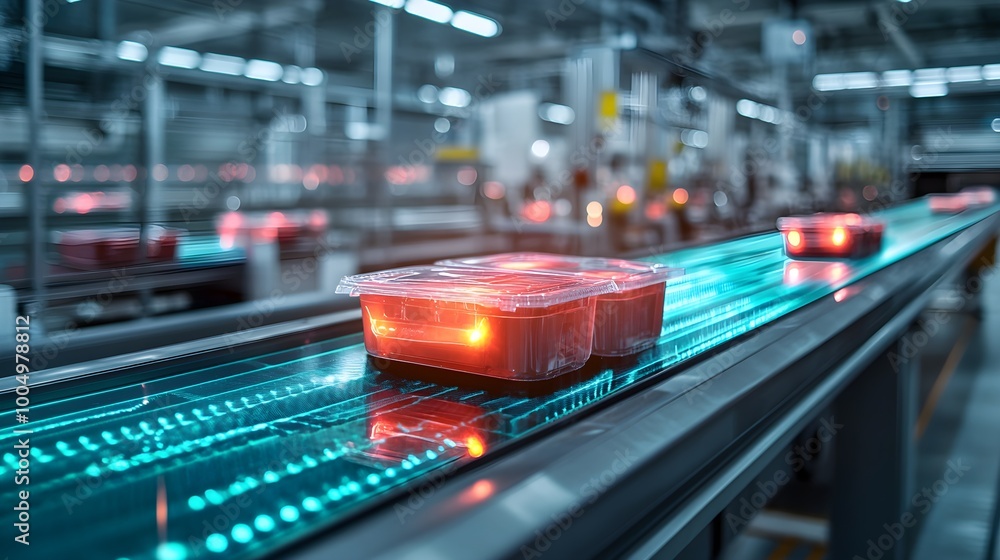 A sleek, high-tech quality control station with electromagnetic sensors examining food containers on a conveyor belt, glowing data streams indicating safety levels A sleek, high-tech quality control station with electromagnetic sensors examining food containers on a conveyor belt, glowing data streams indicating safety levels
