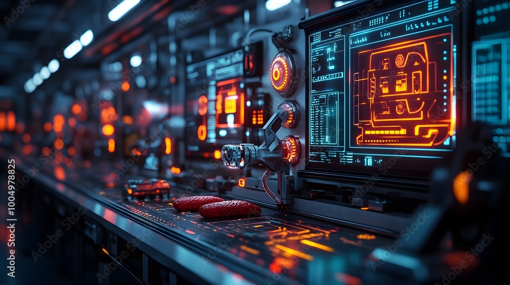 Robots in a high-tech food processing factory, scanning food with precision lasers, futuristic holographic displays in the background, Neon lighting, 3D, Sci-fi Robots in a high-tech food processing factory, scanning food with precision lasers, futuristic holographic displays in the background, Neon lighting, 3D, Sci-fi