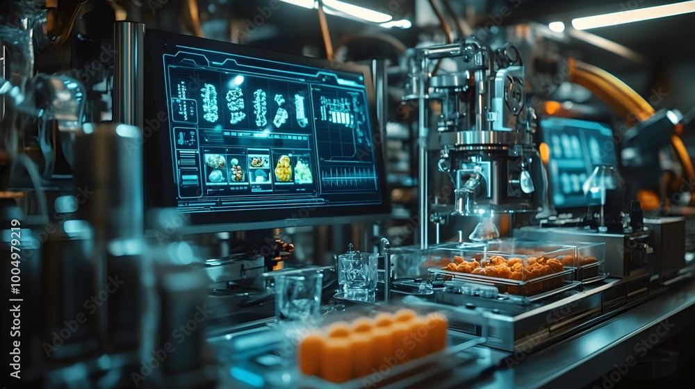AI-controlled food production line, glowing holograms showing real-time data, industrial steampunk machines blending food, metallic and copper tones, Sci-Fi AI-controlled food production line, glowing holograms showing real-time data, industrial steampunk machines blending food, metallic and copper tones, Sci-Fi