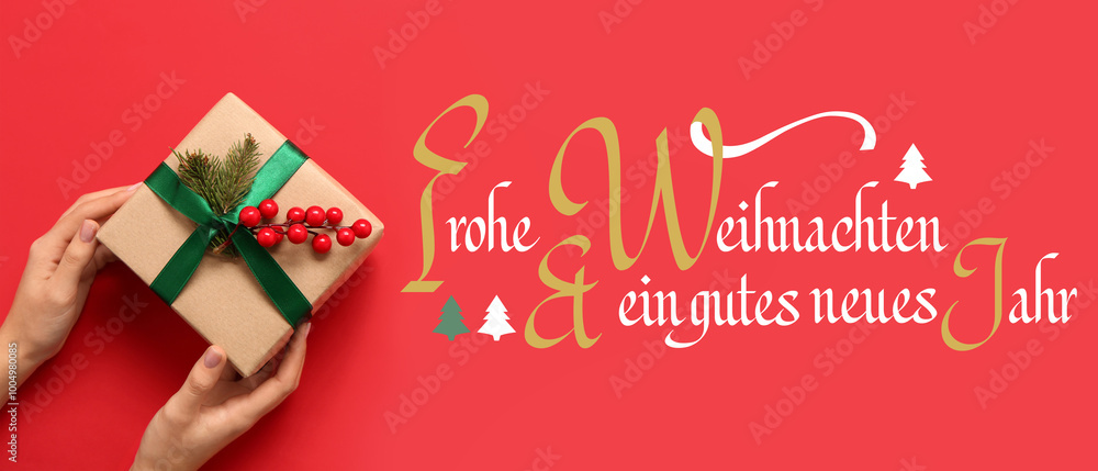 Woman with Christmas gift box on red background, top view Woman with Christmas gift box on red background, top view