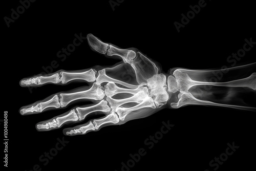 Detailed X-ray showcasing a human hand structure with clear bone alignment on a black background.