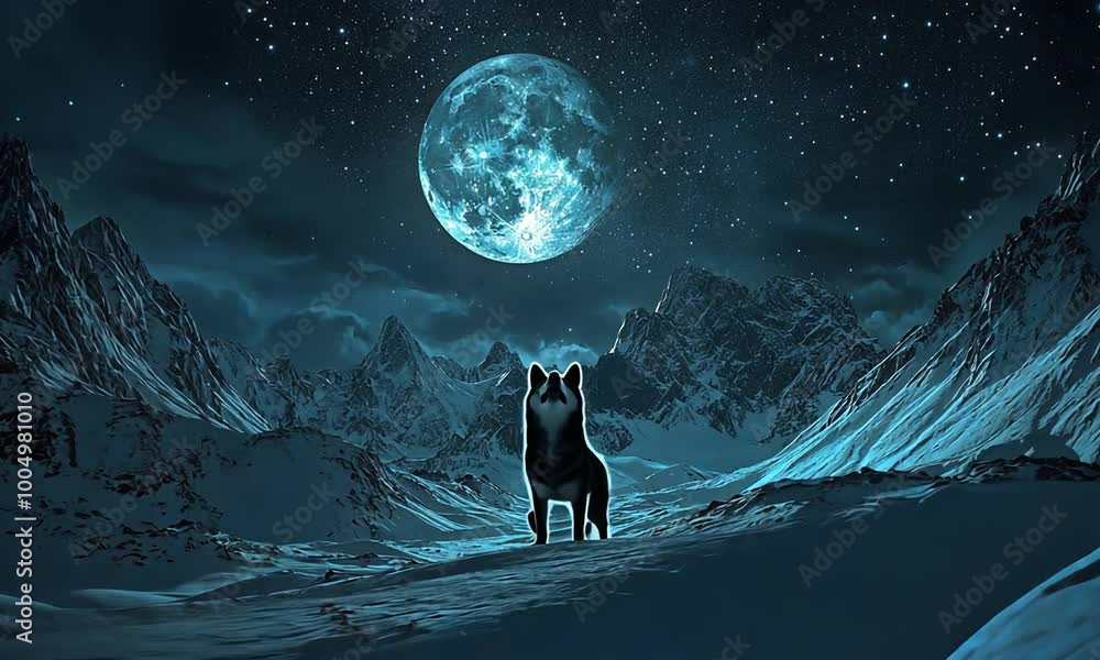 the shadow of a wolf howling right in the middle of the big red moon above the ice mountains at night the shadow of a wolf howling right in the middle of the big red moon above the ice mountains at night