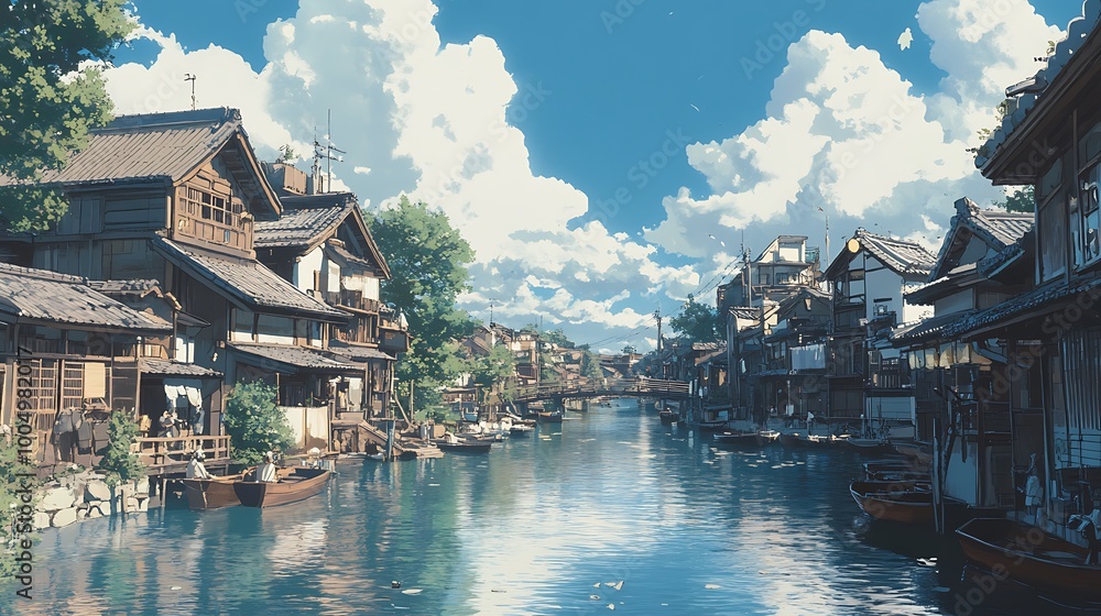 Obraz premium Anime style canal town illustration with blue sky and fluffy white clouds