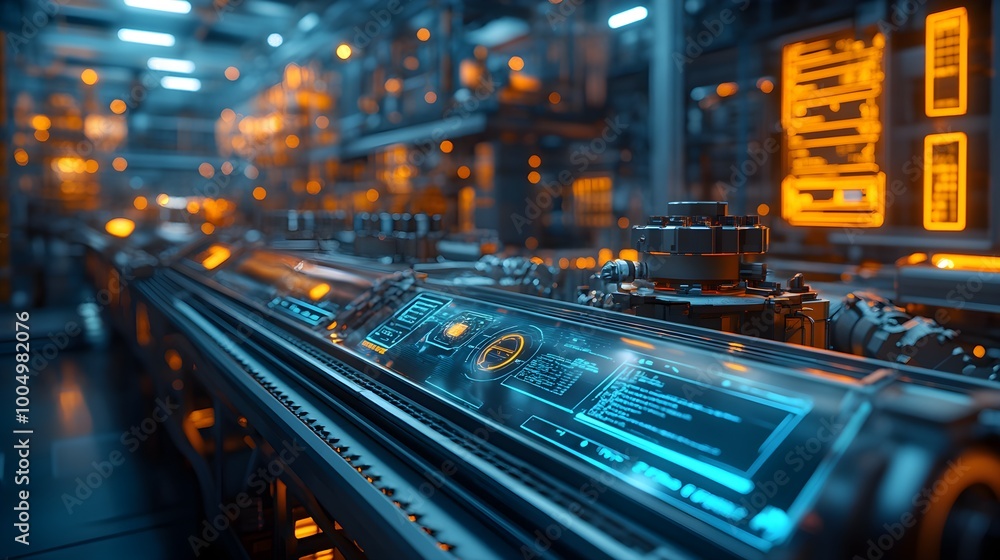 Food production line powered by AI and robotics, glowing holographic monitors tracking product quality, cyberpunk factory interior, neon lights reflecting on sleek machinery, 3D illustration Food production line powered by AI and robotics, glowing holographic monitors tracking product quality, cyberpunk factory interior, neon lights reflecting on sleek machinery, 3D illustration