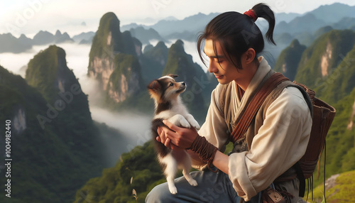 A happy couple with their puppy sitting on a rock at the mountain top, enjoying the outdoors and each other's company