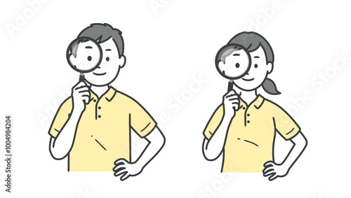 虫眼鏡を持つ介護士男女の上半身イラスト
