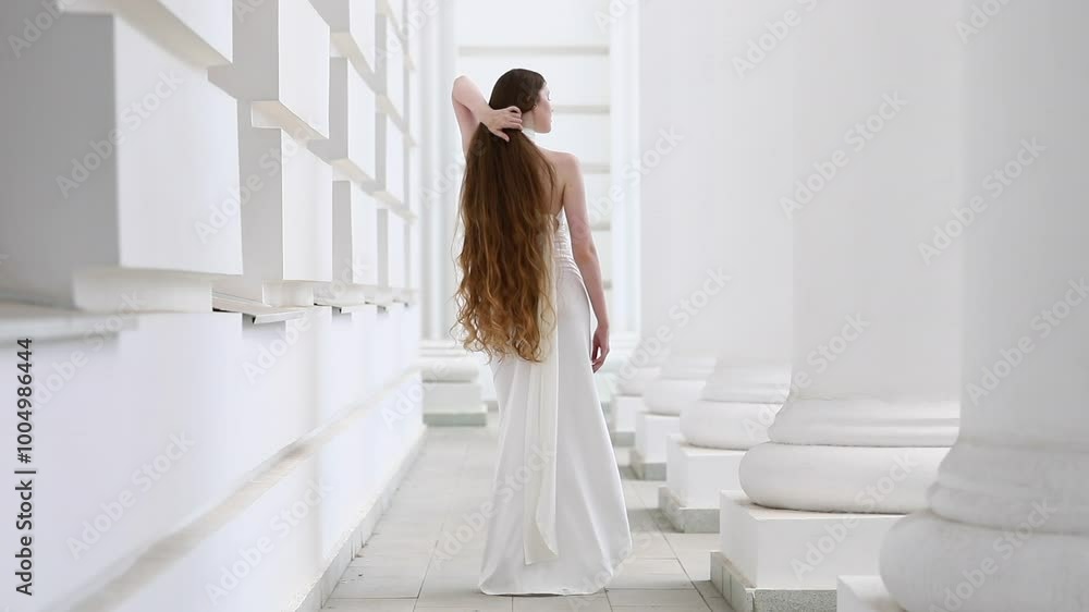 Young beautiful girl in a long white dress walks in the columned hall Young beautiful girl in a long white dress walks in the columned hall