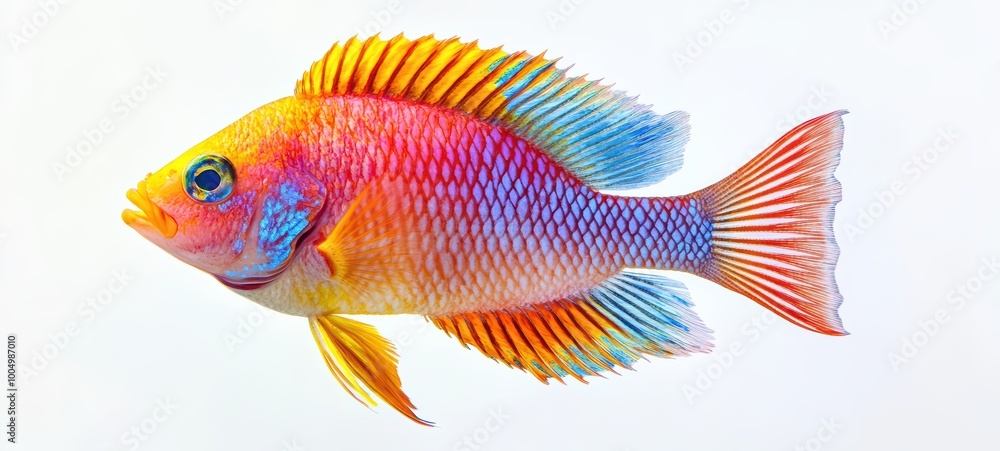 A bright and colorful fish swimming in place, with its scales shimmering against a clean, white background A bright and colorful fish swimming in place, with its scales shimmering against a clean, white background