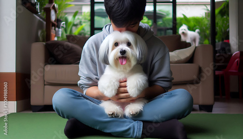 A playful child enjoys time with a fluffy puppy and a friendly dog