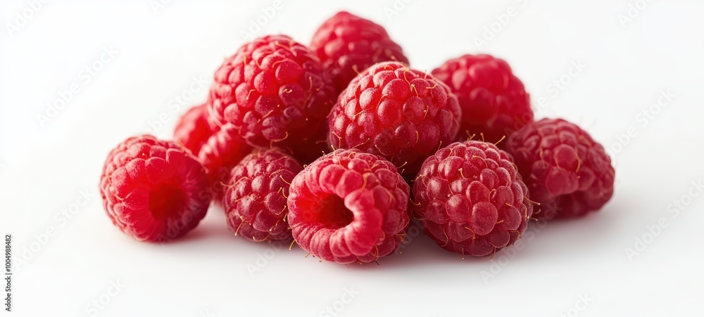 A cluster of bright red raspberries, arranged on a white background A cluster of bright red raspberries, arranged on a white background