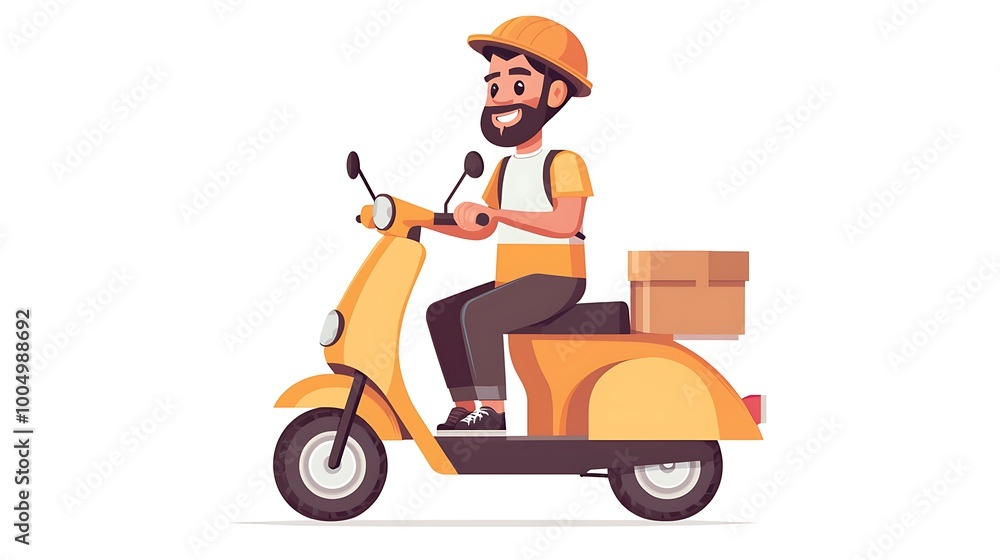 Happy delivery man on scooter with package box. Illustration of online shopping, delivery services, and transportation. Happy delivery man on scooter with package box. Illustration of online shopping, delivery services, and transportation.