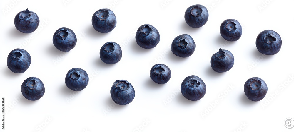 A collection of plump blueberries scattered across a white background A collection of plump blueberries scattered across a white background