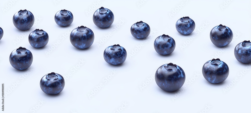 A collection of plump blueberries scattered across a white background A collection of plump blueberries scattered across a white background
