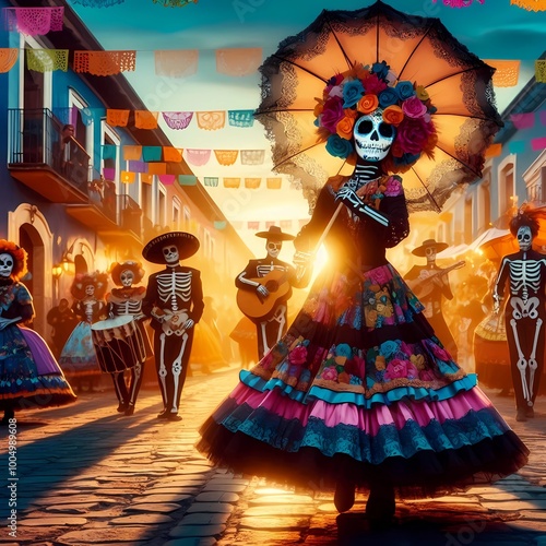 celebration of the day of the dead dancers dressed as catrinas dance through the streets of a Mexican town, skeleton, Halloween, Day of the Dead, celebrations and traditions of Mexico, created with A.