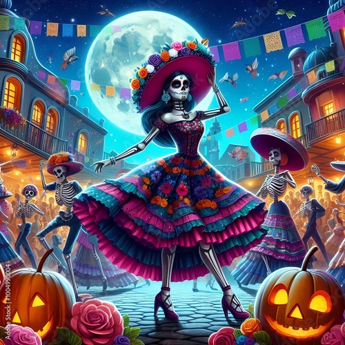 celebration of the day of the dead dancers dressed as catrinas dance through the streets of a Mexican town, skeleton, Halloween, Day of the Dead, celebrations and traditions of Mexico, created with A.