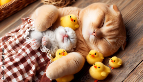 A fluffy white rabbit and a cute fluffy chicken cuddling together in a cozy, adorable scene