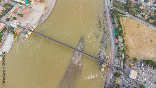  Aerial view of Janki setu bridge across the river ganga, city of rishikesh in the Indian state of uttarakhand India photo