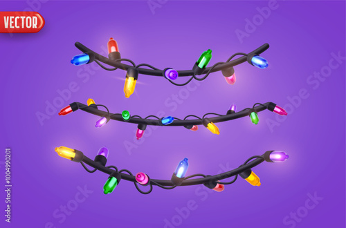 Festive Christmas colorful string lights brightly glowing. Realistic 3d New Year decorations garland isolated on rich lilac background. vector illustration