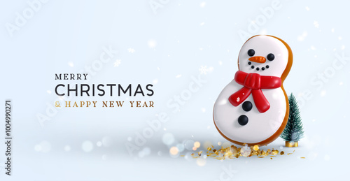 Christmas and New year background. Realistic 3d snowman cookie with red scarf stands beside a small Christmas tree, golden confetti, blur gold bokeh lights on soft blue background. Vector illustration