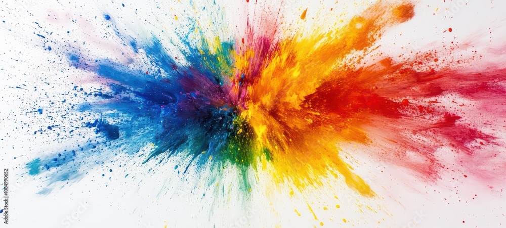 A colorful splatter of rainbow hues, including reds, blues, and yellows, bursting out from the center of the canvas against a white backdrop A colorful splatter of rainbow hues, including reds, blues, and yellows, bursting out from the center of the canvas against a white backdrop