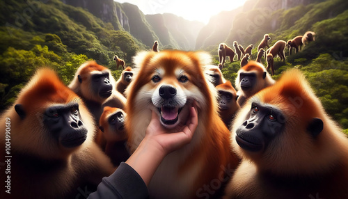 A giant panda peacefully rests in the mountains while a group of cows grazes on a nearby hill