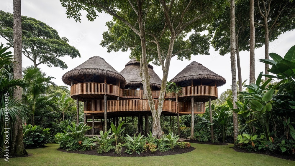 The treehouse features multiple levels with thatched roofs and wooden supports, blending seamlessly with the natural environment. The treehouse features multiple levels with thatched roofs and wooden supports, blending seamlessly with the natural environment.