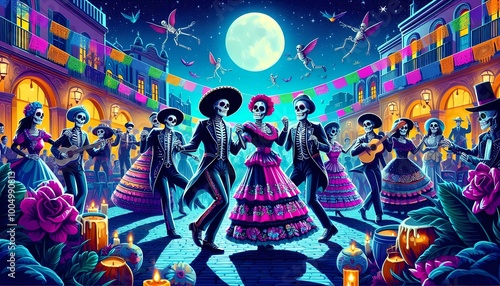 celebration of the day of the dead dancers dressed as catrinas dance through the streets of a Mexican town, skeleton, Halloween, Day of the Dead, celebrations and traditions of Mexico, created with A.