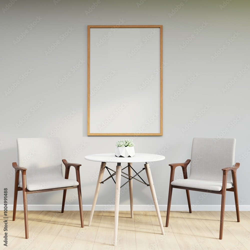 Mockup frame on table in living room interior on empty white wall background. 3D Rendering Mockup frame on table in living room interior on empty white wall background. 3D Rendering