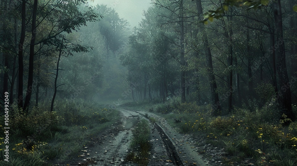 Fototapeta premium Misty Forest Path: A Serene and Mysterious Woodland Scene