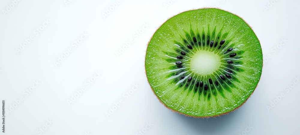 Fototapeta premium A fresh kiwi fruit sliced open to reveal its vibrant green interior and tiny black seeds, placed on a white background