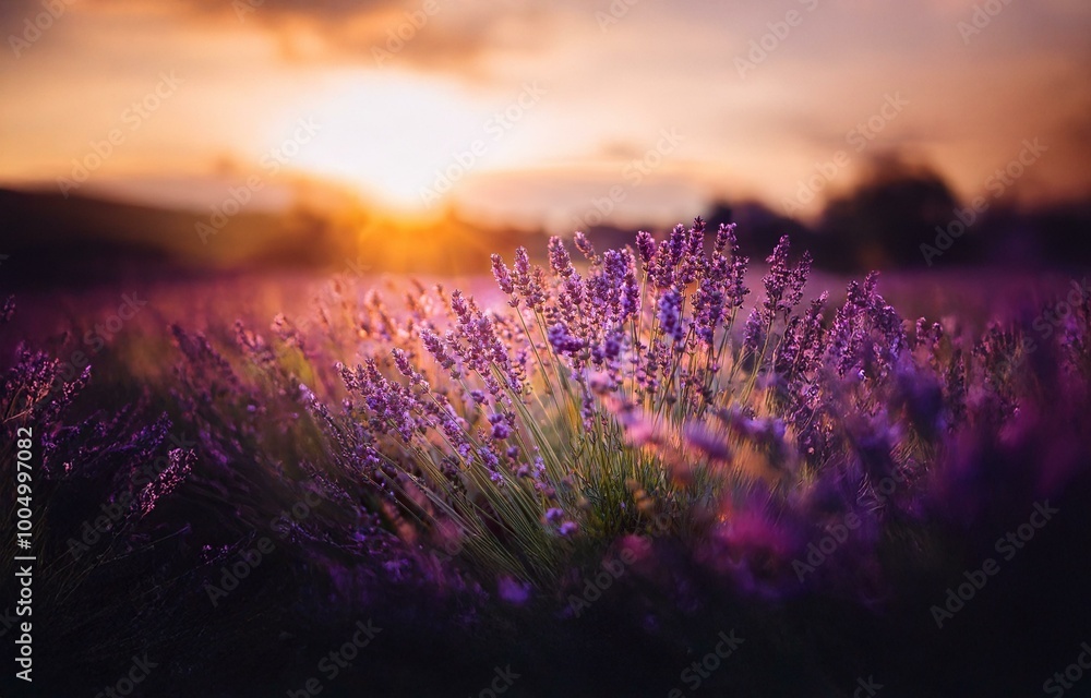 Fototapeta premium A field of purple flowers illuminated by the setting sun.