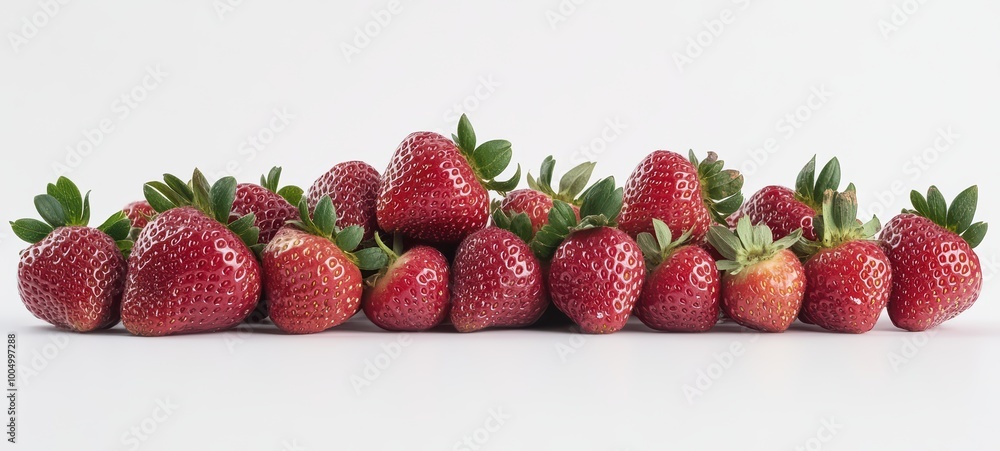 A group of fresh, red strawberries with their green leaves still attached, arranged on a white background A group of fresh, red strawberries with their green leaves still attached, arranged on a white background