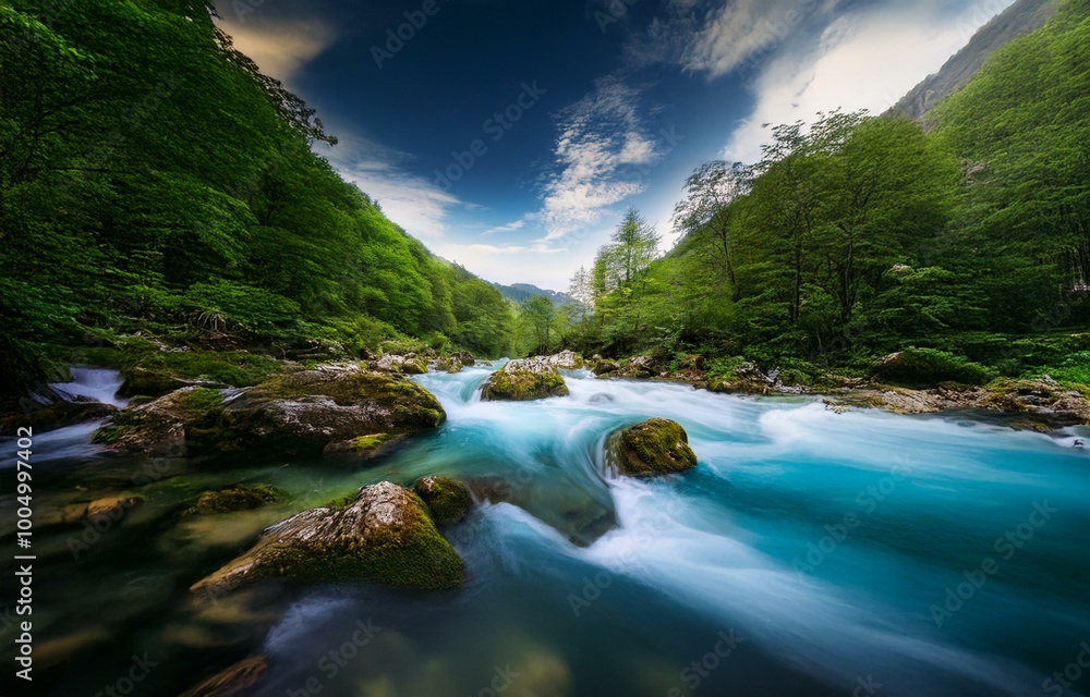 A turquoise river flows between mossy rocks, bordered by lush green forests and a blue sky with white clouds. A turquoise river flows between mossy rocks, bordered by lush green forests and a blue sky with white clouds.